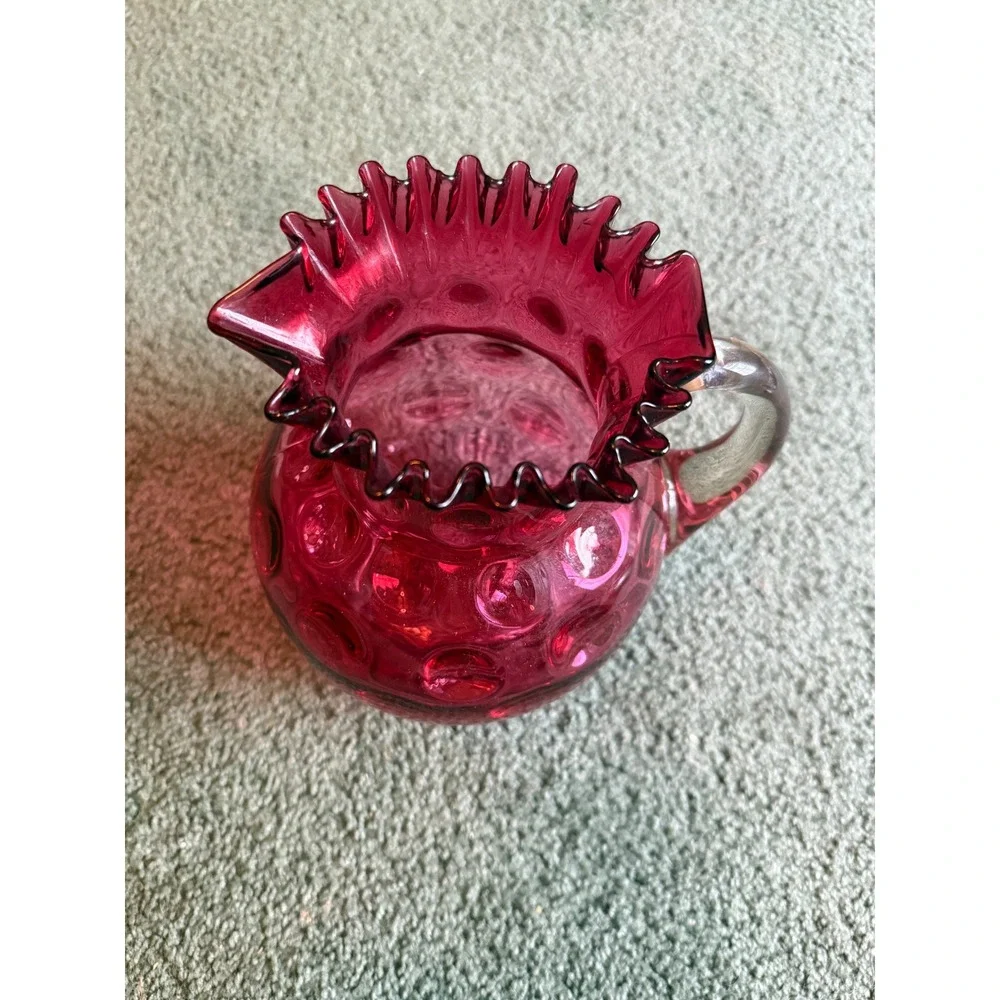 Fenton Cranberry Glass Pitcher Thumbprint Coin Dot Ruffled Rim Clear Handle